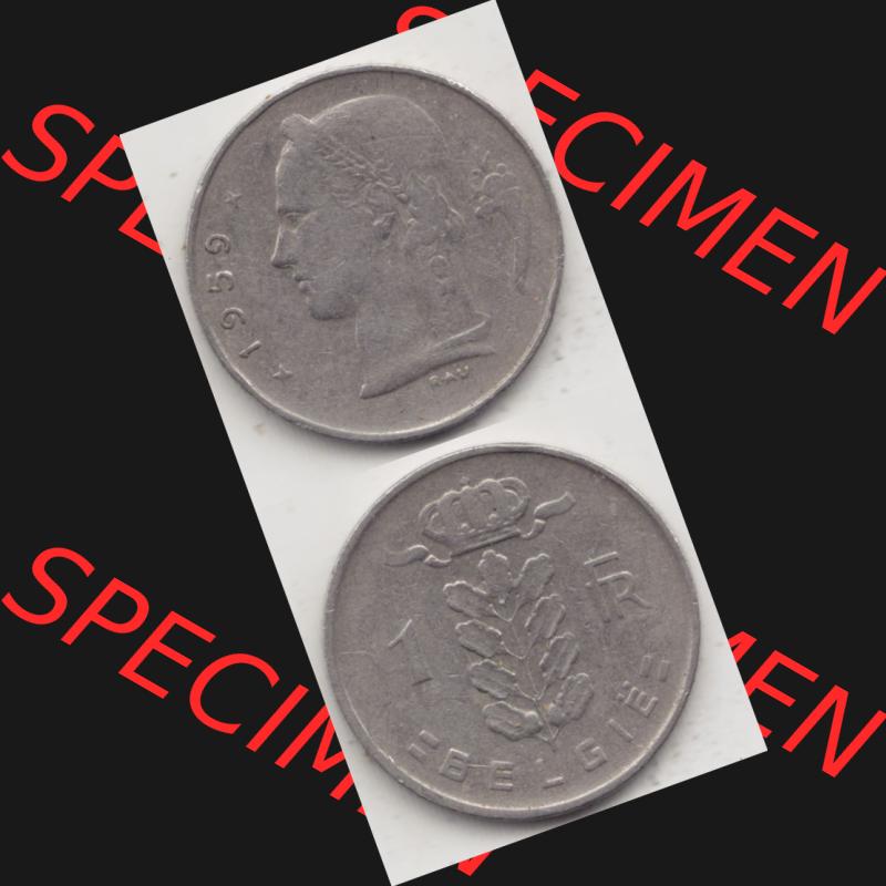 Münzen Belgien Umlaufmünze 1950-1988, 1 Francs-Franken 1959 Belgie. Vorderseite und Rückseite vertikal auf einen digitalen Bild der alten belgischen Francs Umlaufmünze... Sammlung