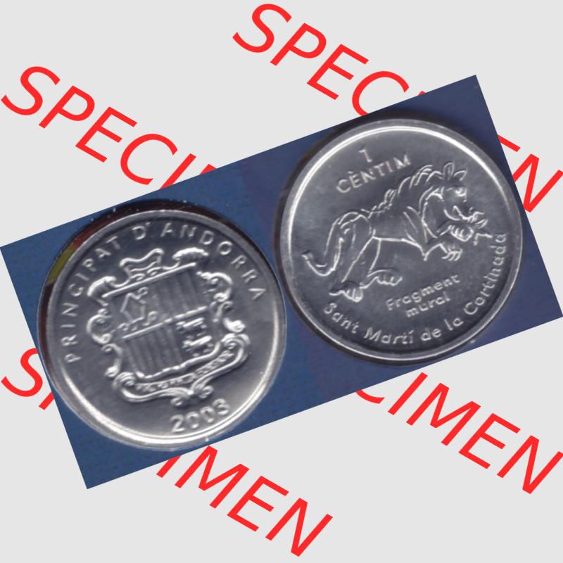 Münzen Andorra Sammlermünze aus KMS 2003, 1 Centime, Església Sant Martí de la Cortinada. Vorderseite und Rückseite horizontal auf einen digitalen Bild der... Sammlung