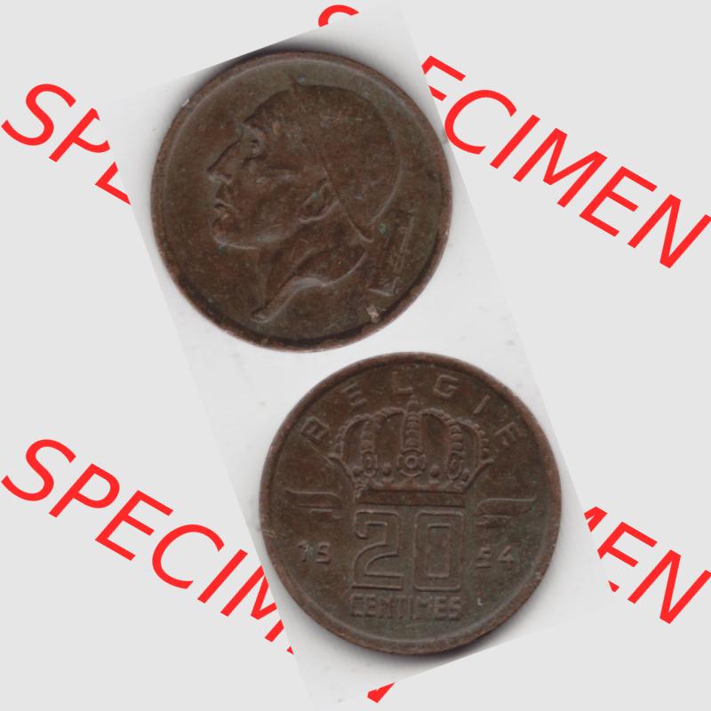 Münzen Belgien Umlaufmünze 1954, 1960, 20 Centimes Belgie. Vorderseite und Rückseite vertikal auf einen digitalen Bild der alten belgischen Francs Umlaufmünze aus... Sammlung