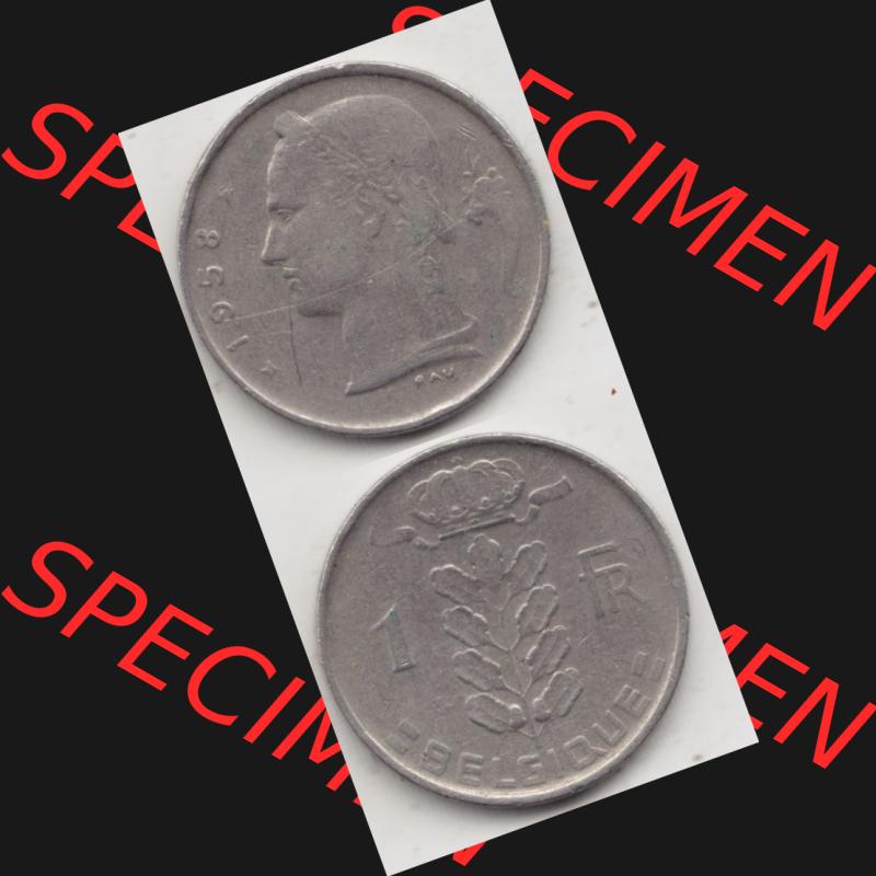 Münzen Belgien Umlaufmünze 1950-1988, 1 Francs-Franken 1958 Belgique. Vorderseite und Rückseite vertikal auf einen digitalen Bild der alten belgischen Francs Umlaufmünze... Sammlung