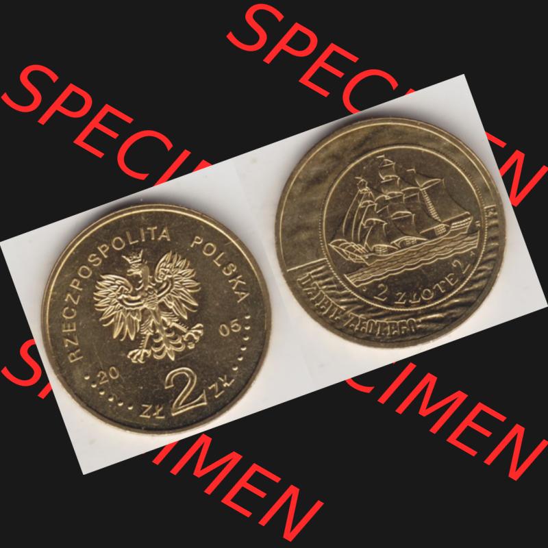 Münzen Polen Gedenkmünze 2005-2005, 2 Zloty, Segelschiff auf 2 Zloty und 5 Zloty der Ausgabe 1936, Bild mit Vollansicht als Bildmaterial Sammlung