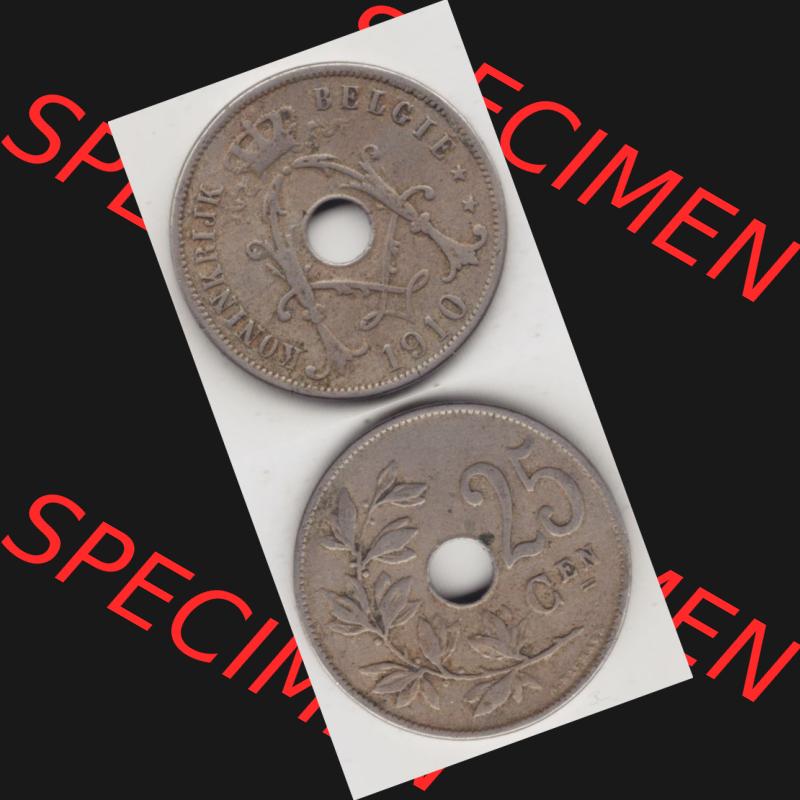 Münzen Belgien Umlaufmünze 1910-1929, 25 Cen, 1910 Centimes Koninkrijk Belgie. Vorderseite und Rückseite vertikal auf einen digitalen Bild der alten belgischen Francs... Sammlung