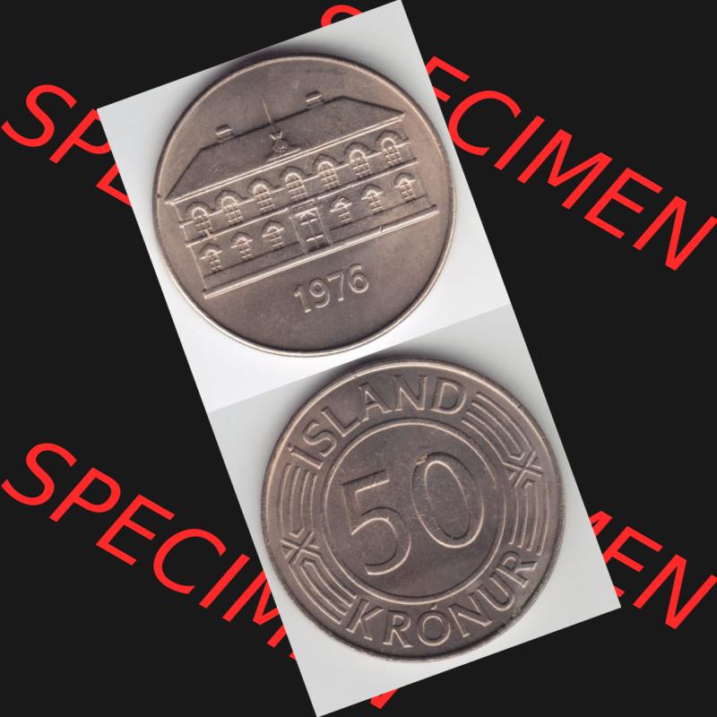 Münzen Island Umlaufmünze 1970-1980, 50 Kronur, Kronen 1976. Vorderseite und Rückseite vertikal untereinander auf einen digitalen Bild der alten Isländischen Umlaufmünze... Sammlung