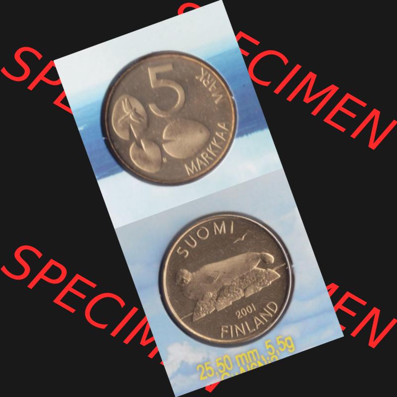 Münzen Finnland Umlaufmünze 2001, 5 Markkaa, Mark. Vorderseite und Rückseite vertikal auf einen digitalen Bild der alten finnischen Umlaufmünze aus Finnland SUOMI... Sammlung