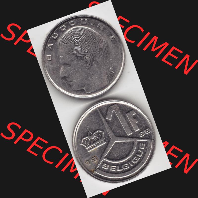 Münzen Belgien Umlaufmünze 1989-1993, 1 Franc Belgique. Vorderseite und Rückseite vertikal auf einen digitalen Bild der alten belgischen Francs Umlaufmünze aus Belgien... Sammlung