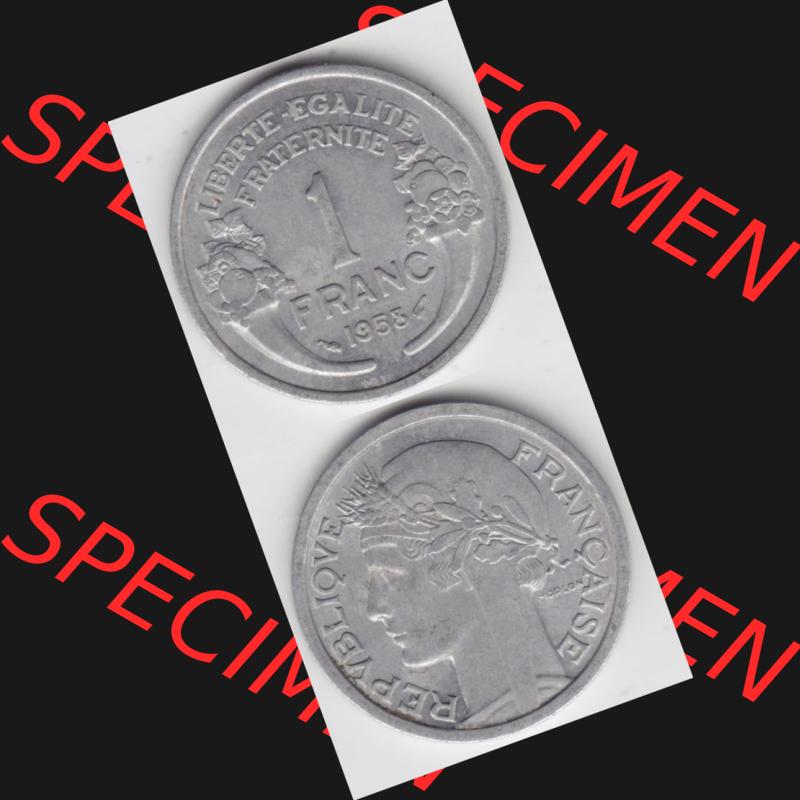 Münze Frankreich 1941-1959, 1 Francs, Franken 1958. Vorderseite und Rückseite vertikal auf einen digitalen Bild der alten französischen Umlaufmünze aus Frankreich... Sammlung