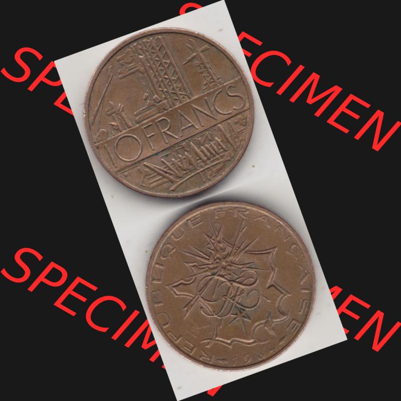 Münze Frankreich 1974-1987, 10 Franken-Francs 1984. Vorderseite und Rückseite vertikal auf einen digitalen Bild der alten französischen Umlaufmünze aus Frankreich in der... Sammlung