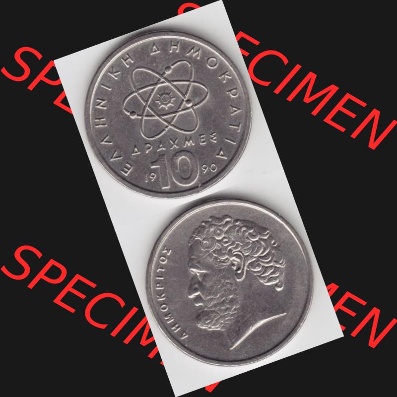Münzen Griechenland Umlaufmünze 1990, 10 Apaxmee, Drachmen. Vorderseite und Rückseite vertikal auf einen digitalen Bild der alten griechischen Umlaufmünze aus Griechenland... Sammlung