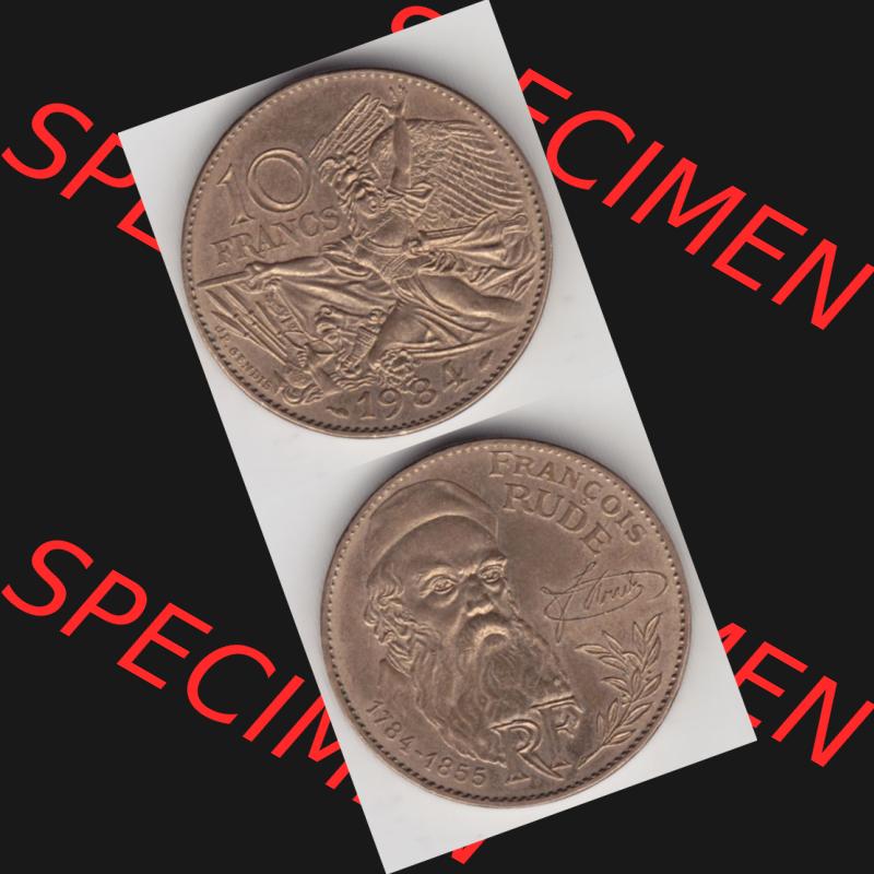 Münze Frankreich 1984-1984, 10 Francs Francois Rude. Vorderseite und Rückseite vertikal auf einen digitalen Bild der alten französischen Umlaufmünze aus Frankreich in der... Sammlung