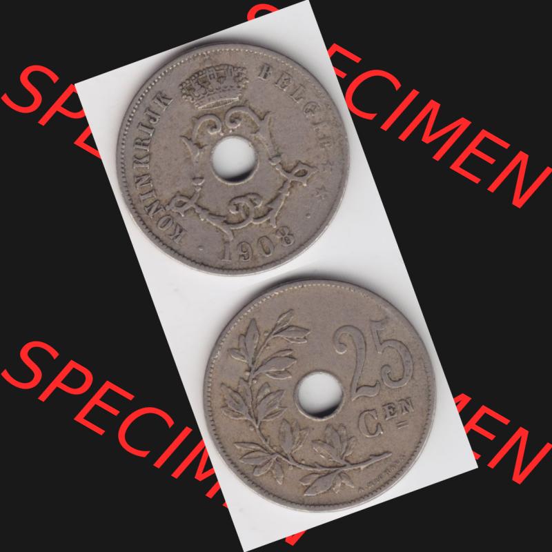 Münzen Belgien Umlaufmünze 1908-1909, 25 Cen, Centimes Koninkrijk Belgie. Vorderseite und Rückseite vertikal auf einen digitalen Bild der alten belgischen Francs Umlaufmünze... Sammlung