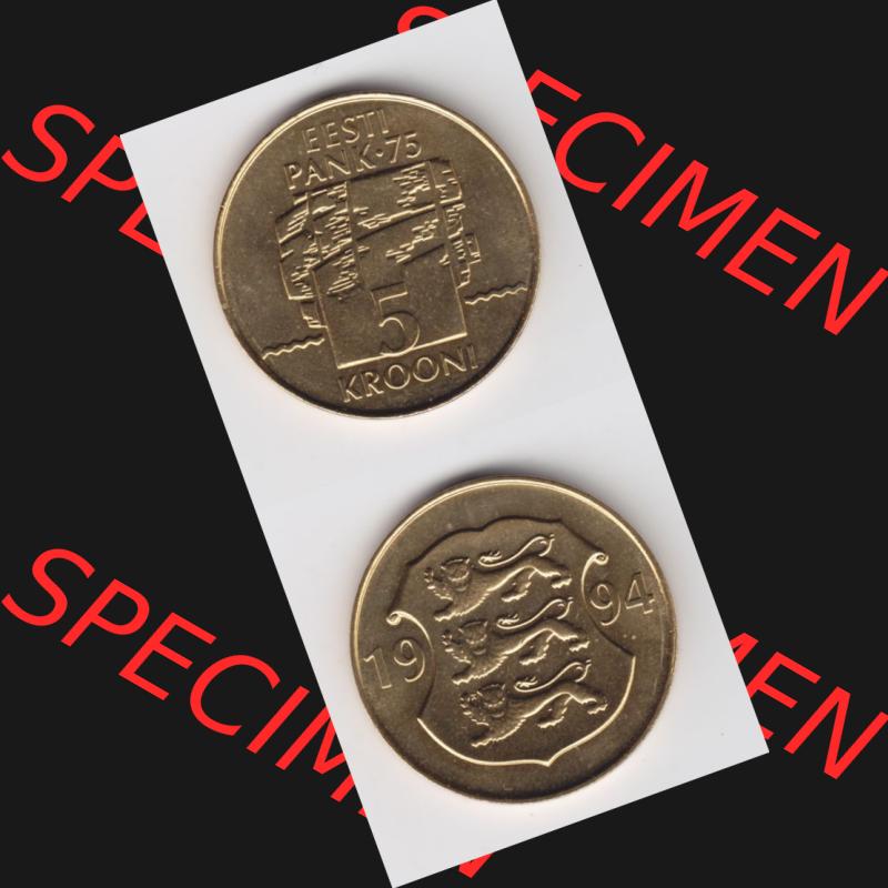 Münzen Estland Umlaufmünze 1994, 5 Krooni. Vorderseite und Rückseite vertikal auf einen digitalen Bild der alten estländische Umlaufmünze aus Estland zum katalogisieren... Sammlung