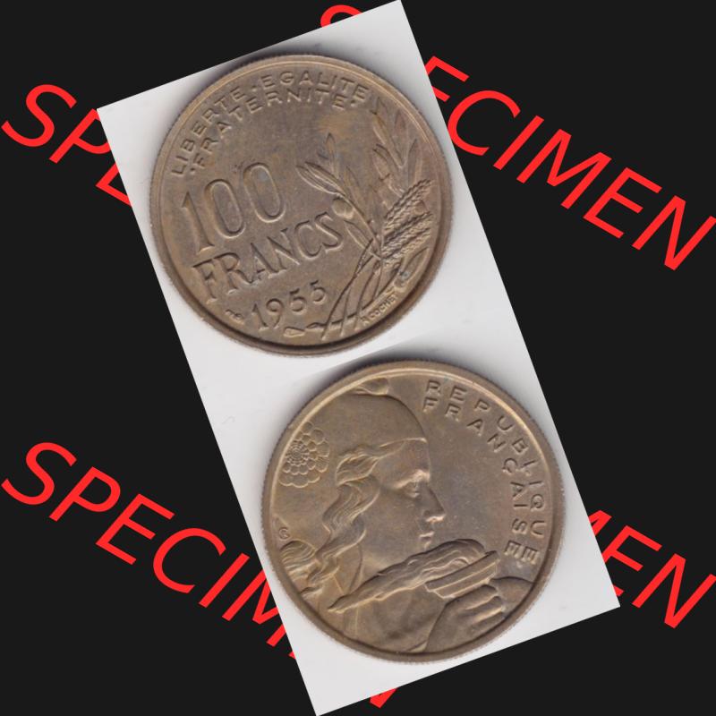 Münze Frankreich 1954-1958, 100 Francs, Franken Typ II 1955. Vorderseite und Rückseite vertikal auf einen digitalen Bild der alten französischen Umlaufmünze aus Frankreich... Sammlung