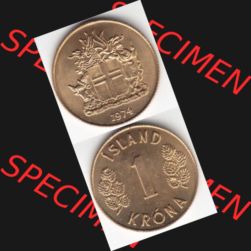 Münzen Island Umlaufmünze 1957-1975, 1 Krona, Krone 1974. Vorderseite und Rückseite vertikal untereinander auf einen digitalen Bild der alten Isländischen Umlaufmünze... Sammlung