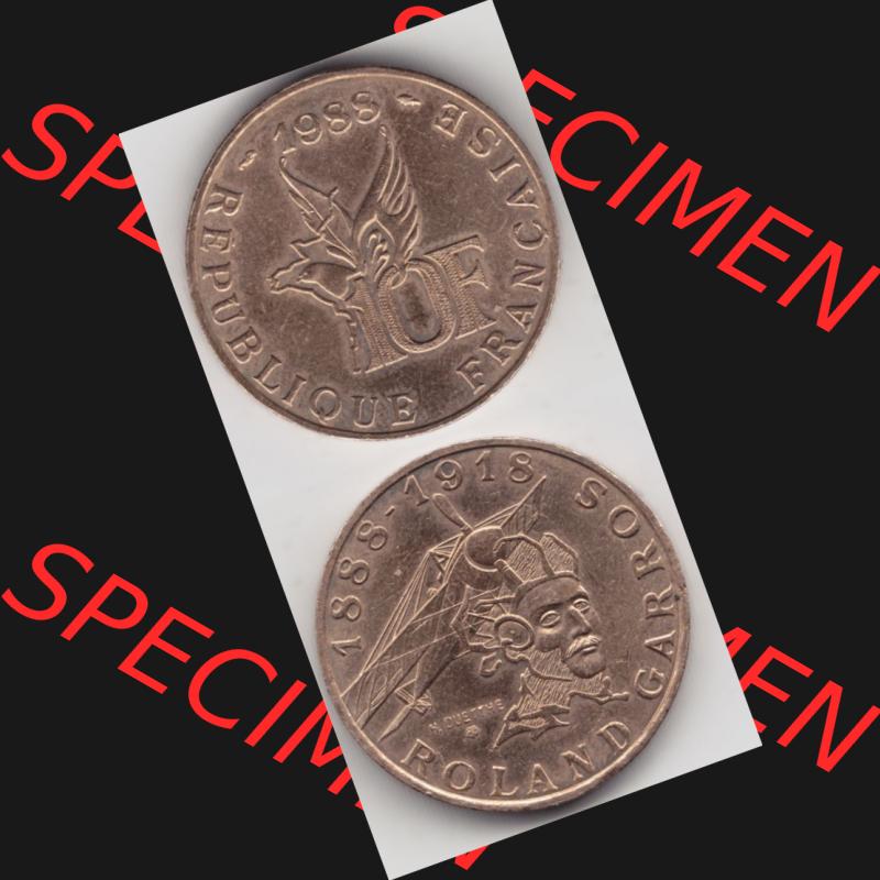 Münze Frankreich 1988-1988, 10 Francs Roland Garros. Vorderseite und Rückseite vertikal auf einen digitalen Bild der alten französischen Umlaufmünze aus Frankreich in der... Sammlung