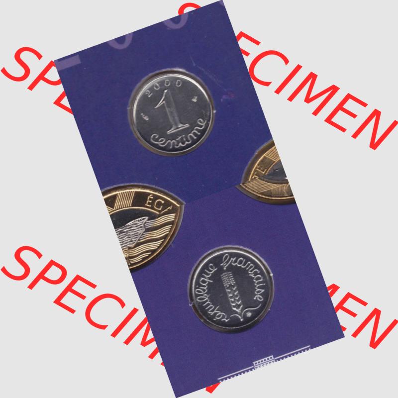 Münze Frankreich 2000, 1 Centime. Vorderseite und Rückseite vertikal auf einen digitalen Bild der alten französischen Umlaufmünze aus Frankreich in der Francs-Währung... Sammlung