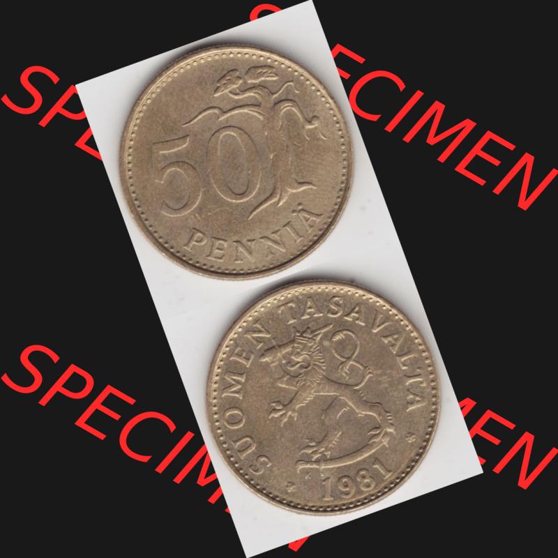 Münzen Finnland Umlaufmünze 1963-1990, 50 Penniä 1981. Vorderseite und Rückseite vertikal auf einen digitalen Bild der alten finnischen Umlaufmünze aus Finnland SUOMI... Sammlung