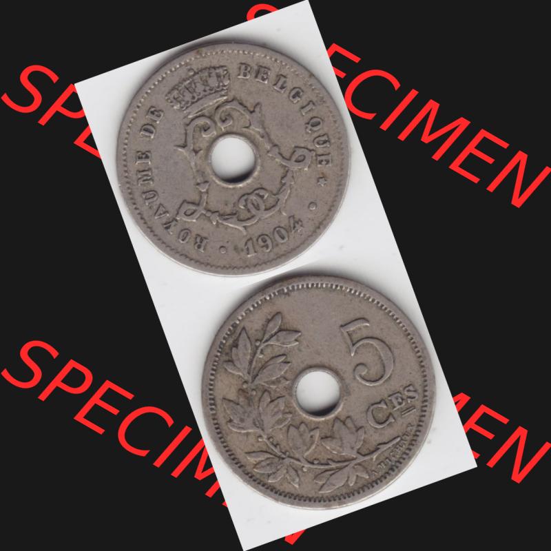 Münzen Belgien Umlaufmünze 1904-1907, 5 Ces, Centimes Koninkrijk Belgie. Vorderseite und Rückseite vertikal auf einen digitalen Bild der alten belgischen Francs Umlaufmünze... Sammlung