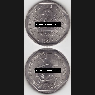 Münze Frankreich 1993-1993, 2 Francs Jean Moulin. Vorderseite und Rückseite vertikal auf einen digitalen Bild der alten französischen Umlaufmünze aus Frankreich in der... Sammlung