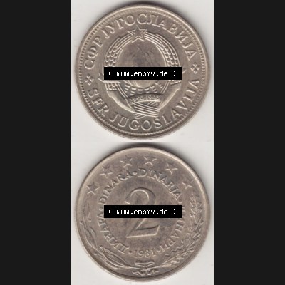 Münzen Jugoslawien Umlaufmünze 1971-1981, 2 Dinar 1981, Münzseiten Vertikal für Mobile-Geräte als Bildmaterial Sammlung