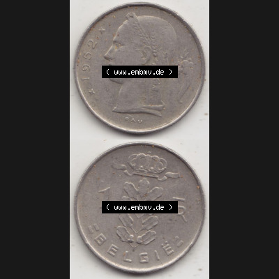 Münzen Belgien Umlaufmünze 1950-1988, 1 Francs-Franken 1952 Belgie. Vorderseite und Rückseite vertikal auf einen digitalen Bild der alten belgischen Francs Umlaufmünze... Sammlung