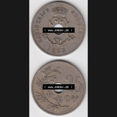 Münzen Belgien Umlaufmünze 1908-1909, 25 Cen, Centimes Koninkrijk Belgie. Vorderseite und Rückseite vertikal auf einen digitalen Bild der alten belgischen Francs Umlaufmünze... Sammlung