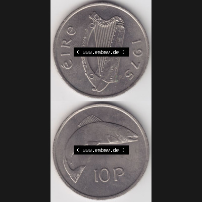 Münzen Irland Umlaufmünze 1975, 5 Pence 1975. Vorderseite und Rückseite vertikal untereinander auf einen digitalen Bild der alten irischen Umlaufmünze aus Irland in Irische... Sammlung
