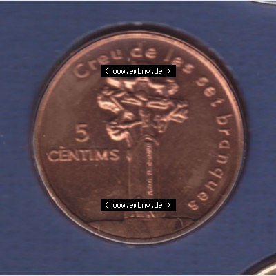 Münzen Andorra Sammlermünze aus KMS 2003, 5 Centims, Siebeneckiges Kreuz. Rückseite der alten Diner Umlaufmünze aus Andorra vor Einführung der Euromünzen... Sammlung