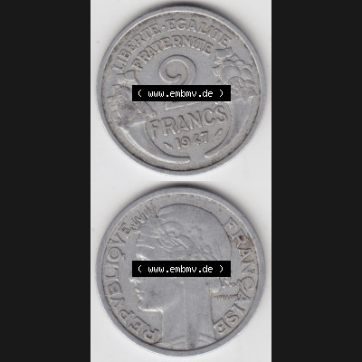 Münze Frankreich 1941-1959, 2 Francs, Franken 1947. Vorderseite und Rückseite vertikal auf einen digitalen Bild der alten französischen Umlaufmünze aus Frankreich... Sammlung