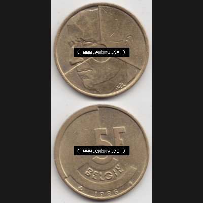 Münzen Belgien Umlaufmünze 1986-1993, 5 Francs Belgie. Vorderseite und Rückseite vertikal auf einen digitalen Bild der alten belgischen Francs Umlaufmünze aus Belgien vor... Sammlung