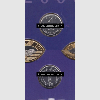 Münze Frankreich 2000, 1 Centime. Vorderseite und Rückseite vertikal auf einen digitalen Bild der alten französischen Umlaufmünze aus Frankreich in der Francs-Währung... Sammlung