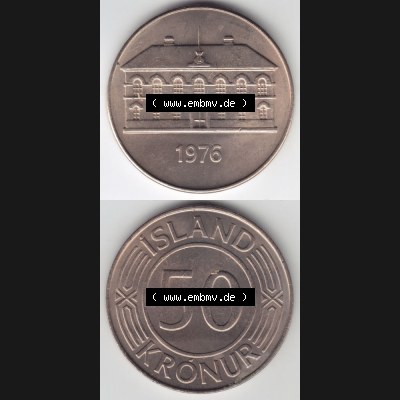 Münzen Island Umlaufmünze 1970-1980, 50 Kronur, Kronen 1976. Vorderseite und Rückseite vertikal untereinander auf einen digitalen Bild der alten Isländischen Umlaufmünze... Sammlung