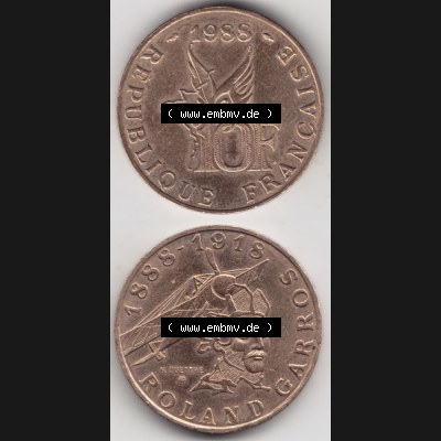 Münze Frankreich 1988-1988, 10 Francs Roland Garros. Vorderseite und Rückseite vertikal auf einen digitalen Bild der alten französischen Umlaufmünze aus Frankreich in der... Sammlung