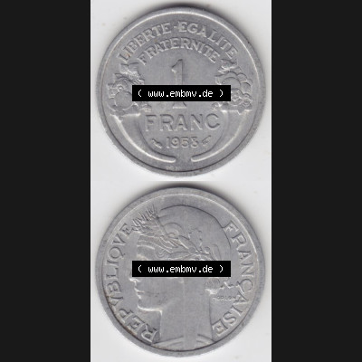 Münze Frankreich 1941-1959, 1 Francs, Franken 1958. Vorderseite und Rückseite vertikal auf einen digitalen Bild der alten französischen Umlaufmünze aus Frankreich... Sammlung