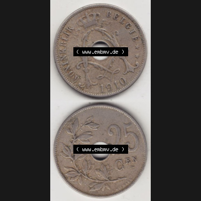 Münzen Belgien Umlaufmünze 1910-1929, 25 Cen, 1910 Centimes Koninkrijk Belgie. Vorderseite und Rückseite vertikal auf einen digitalen Bild der alten belgischen Francs... Sammlung