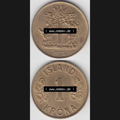 Münzen Island Umlaufmünze 1967-1975, 1 KR Krone 1975. Vorderseite und Rückseite vertikal untereinander auf einen digitalen Bild der alten Isländischen Umlaufmünze... Sammlung