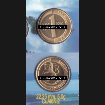 Münzen Finnland Umlaufmünze 2001, 1 Markka, Mark. Vorderseite und Rückseite vertikal auf einen digitalen Bild der alten finnischen Umlaufmünze aus Finnland SUOMI... Sammlung