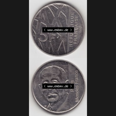 Münze Frankreich 1992-1992, 000500. 5 Francs Franken in Nickel. Vorderseite und Rückseite vertikal auf einen digitalen Bild der alten französischen Umlaufmünze aus... Sammlung