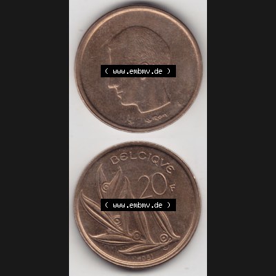 Münzen Belgien Umlaufmünze 1980-1993, 20 Francs Belgiqve. Vorderseite und Rückseite vertikal auf einen digitalen Bild der alten belgischen Francs Umlaufmünze aus Belgien... Sammlung