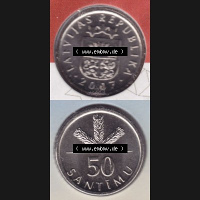 Münzen Lettland Umlaufmünze 1992-2009, 50 Centimes 2007, Münze aus Münzensatz, Münzseiten Vertikal für Mobile-Geräte als Bildmaterial Sammlung
