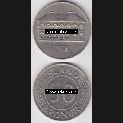 Münzen Island Umlaufmünze 1970-1980, 50 Kronur, Kronen 1978. Vorderseite und Rückseite vertikal untereinander auf einen digitalen Bild der alten Isländischen Umlaufmünze... Sammlung