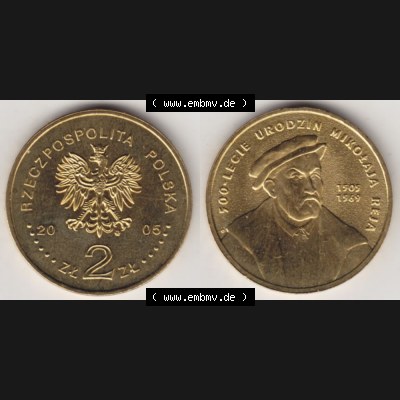 Münzen Polen Gedenkmünze 2005-2005, 2 Zloty, 500. Geburtstag von Mikołaj Rej, Bild mit Vollansicht als Bildmaterial Sammlung
