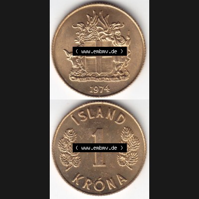 Münzen Island Umlaufmünze 1957-1975, 1 Krona, Krone 1974. Vorderseite und Rückseite vertikal untereinander auf einen digitalen Bild der alten Isländischen Umlaufmünze... Sammlung