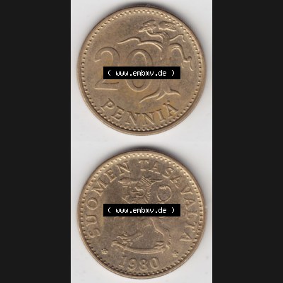 Münzen Finnland Umlaufmünze 1963-1990, 20 Penniä 1980. Vorderseite und Rückseite vertikal auf einen digitalen Bild der alten finnischen Umlaufmünze aus Finnland SUOMI... Sammlung