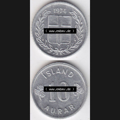 Münzen Island Umlaufmünze 1970-1974, 10 Aurar 1974, Münzseiten Vertikal für Mobile-Geräte zum Bildmaterial Sammlung