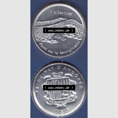 Münzen Andorra Sammlermünze aus KMS 2003, 1 Centime, Brücke von Margineda. Vorderseite und Rückseite vertikal auf einen digitalen Bild der alten Diner Umlaufmünze... Sammlung