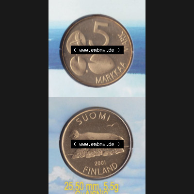Münzen Finnland Umlaufmünze 2001, 5 Markkaa, Mark. Vorderseite und Rückseite vertikal auf einen digitalen Bild der alten finnischen Umlaufmünze aus Finnland SUOMI... Sammlung