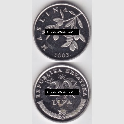 Münzen Kroatien Umlaufmünze 1993-2021, 20 Lipa 2003, Münzseiten Vertikal für Mobile-Geräte als Bildmaterial Sammlung