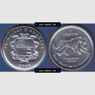 Münzen Andorra Sammlermünze aus KMS 2003, 1 Centime, Església Sant Martí de la Cortinada. Vorderseite und Rückseite horizontal auf einen digitalen Bild der... Sammlung