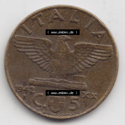 Münzen Italien Umlaufmünze 1939-1943, 5 Centesimi 1942. Vorderseite der alten italienischen Münze aus Italien in der italienischen Lira-Währung zum katalogisieren und verwalten... Sammlung