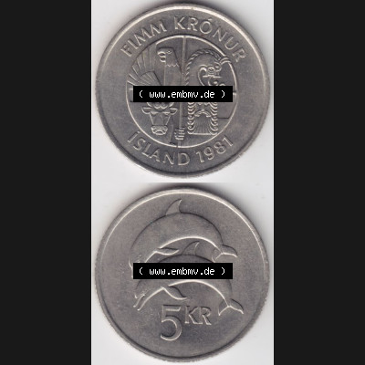 Münzen Island Umlaufmünze 1981-1992, 5 KR Kronur, Kronen 1981. Vorderseite und Rückseite vertikal untereinander auf einen digitalen Bild der alten Isländischen Umlaufmünze... Sammlung
